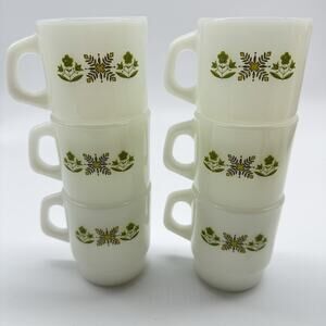 Set of 6 Vintage FIRE KING Meadow Green D Handle Stackable Coffee Cups Mugs